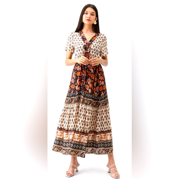R Vivimos BOHO BOMSHELL FLORAL MAXI DRESS Size Medium Tiered MIDI Prairie - Picture 1 of 13